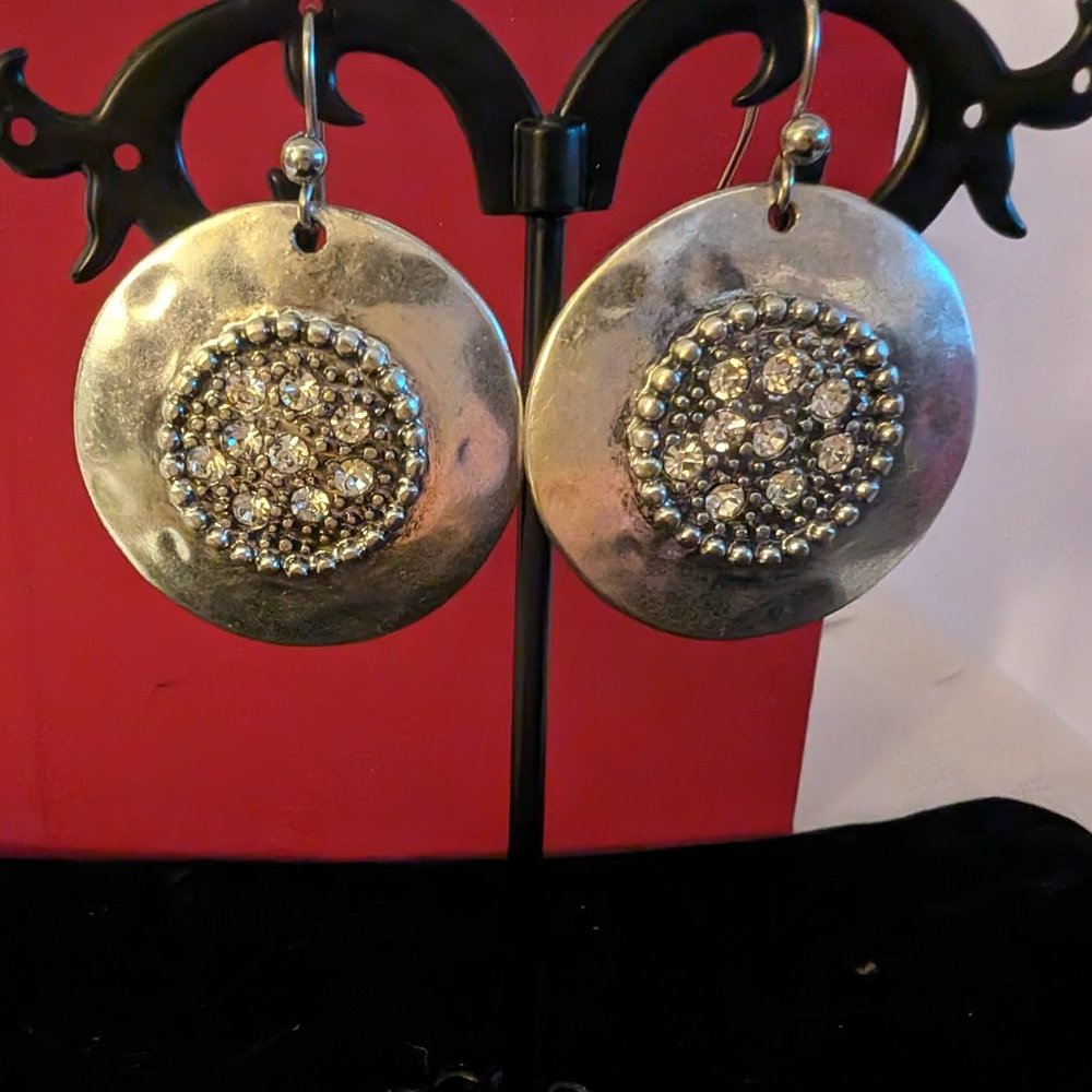 Disc shaped silver and crystal earrings